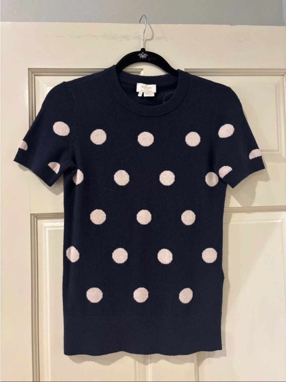 kate spade Navy Crewneck Sweater with Light Pink Polka Dots